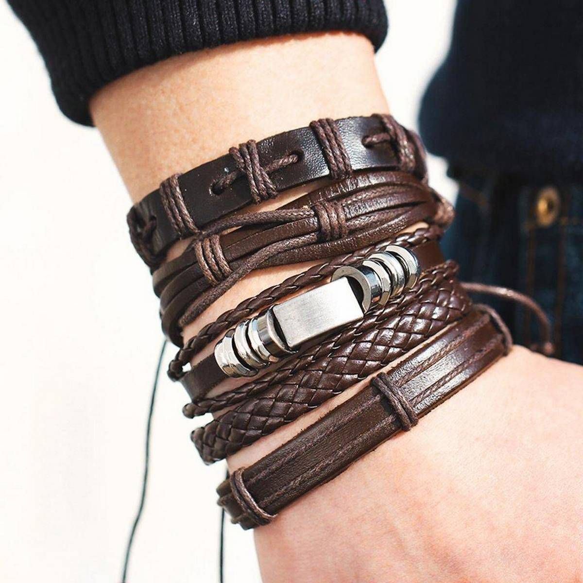 Multiple Layers Leather Bracelets Men-5 pcs