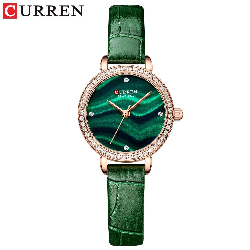 CURREN Elegant Charming Thin Watches for Ladies Quartz Clcok Classic Leather Wristwatches with Rhinestone