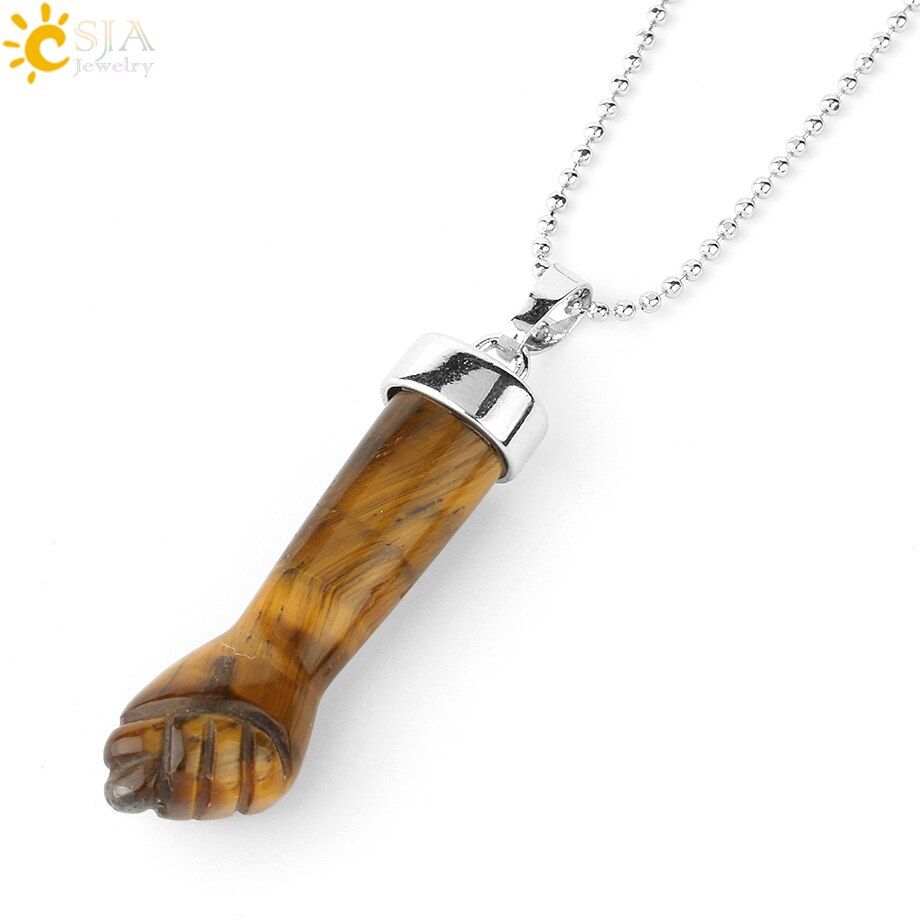 CSJA Natural Stone Pendants Necklaces Carved Fist Arm Purple Crystal Quartz Tiger Eye Lapis Reiki Jewelry Women G291(null)