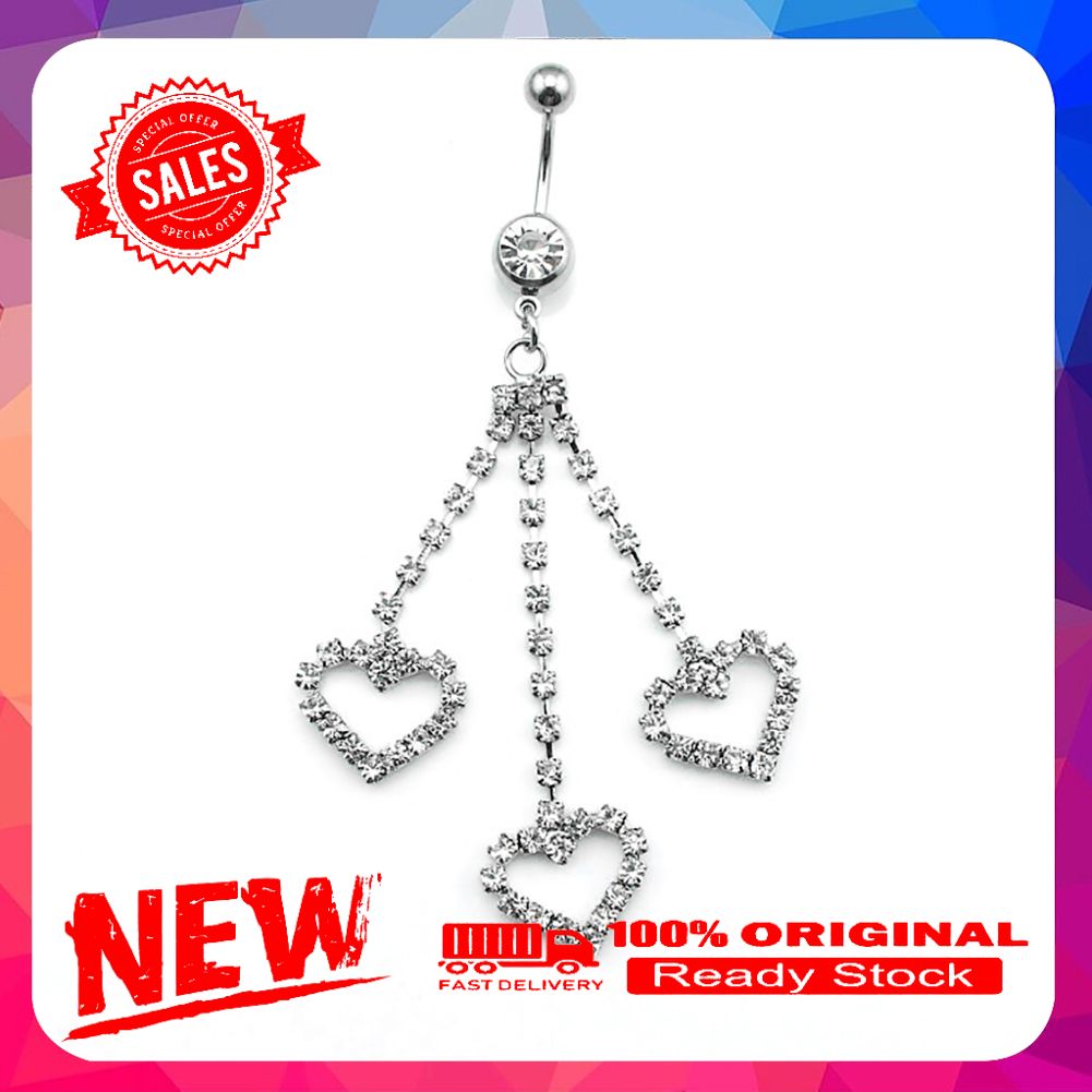 1Pc Heart Rhinestone Chain Dangle Barbell Belly Button Navel Ring Bar Piercing