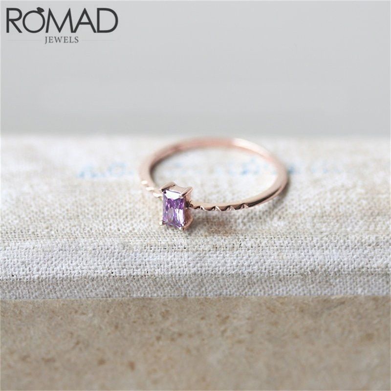 ROMAD Dainty Square Zircon Ring Elegant Purple Rectangle Crystal Rings for Women Girls Simple Wedding Band Engagement Ring Gifts