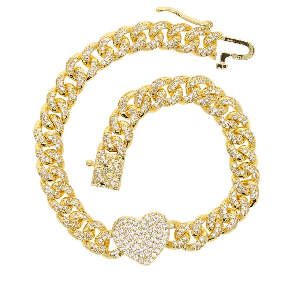 Fashion Luxury Iced Out Cubic Zirconia Cuban Link Chain For Women Men Gold Color Hiphop Bling CZ Heart Bracelet Jewelry