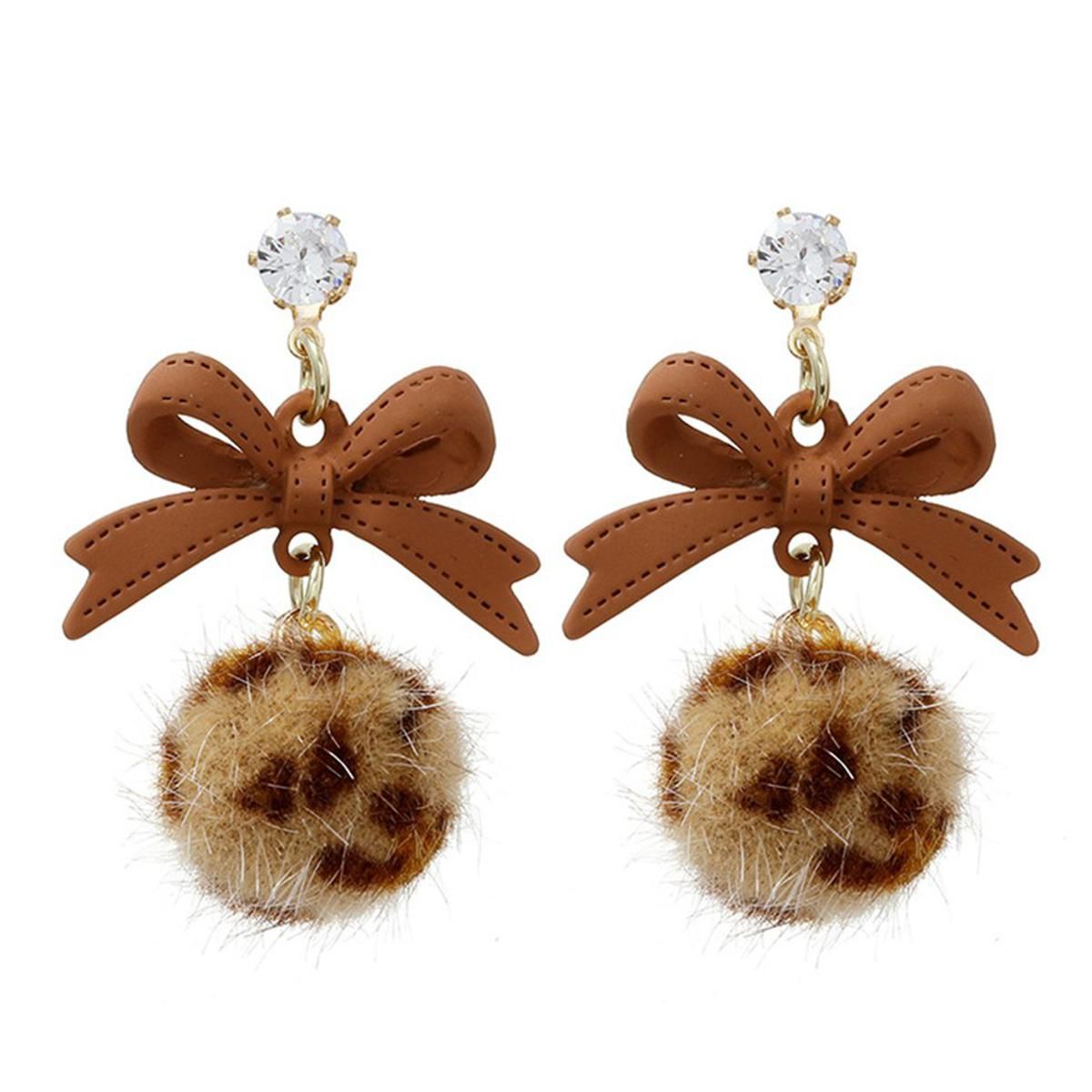 Bow Leopard Print Hair Ball Earrings Simple Retro Niche Creative Girly Heart-Multicolor 4*2.6cm