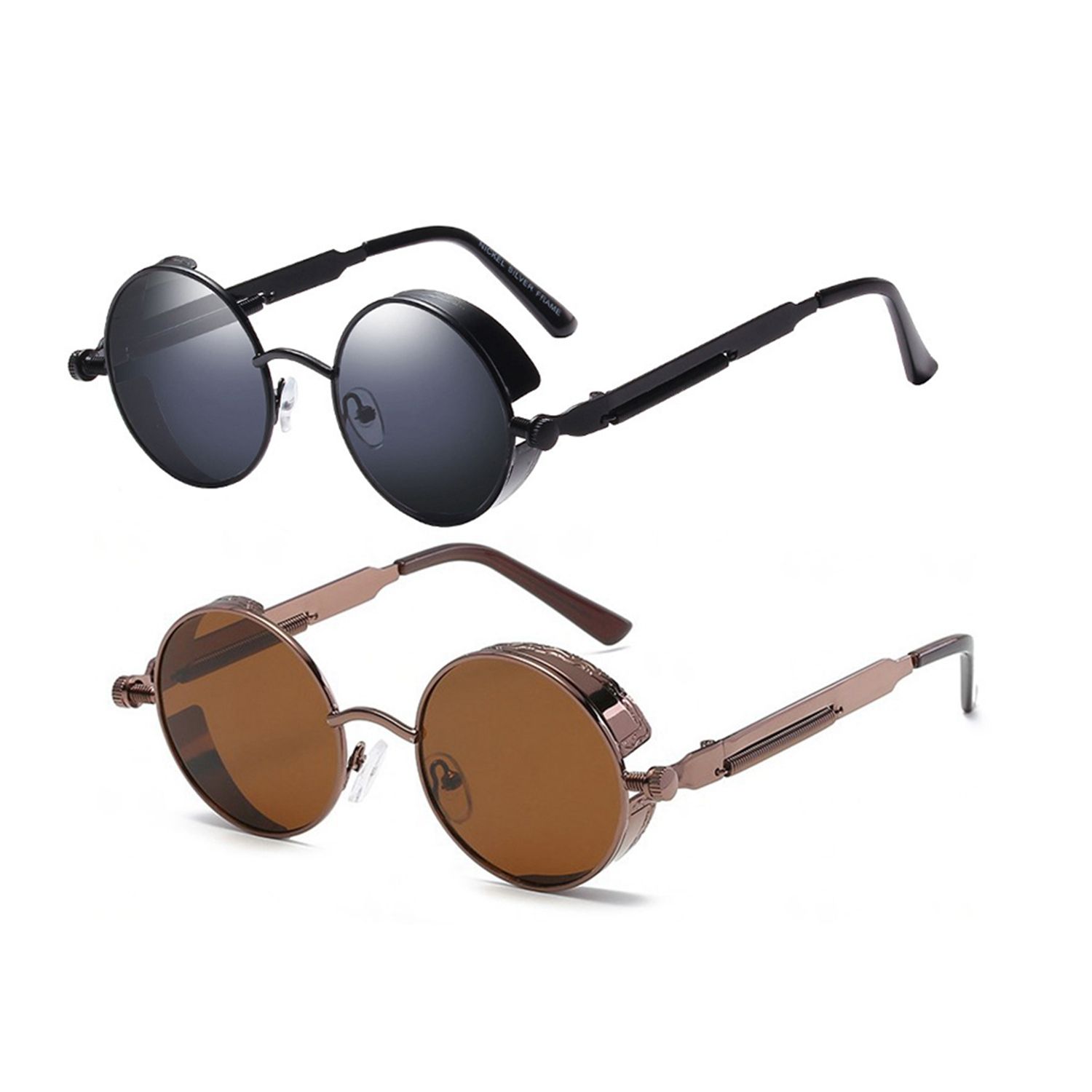 2x Round Metal Sunglasses Steampunk Men Women Fashion Glasses Retro Vintage Sunglasses UV400(Brown&Black)
