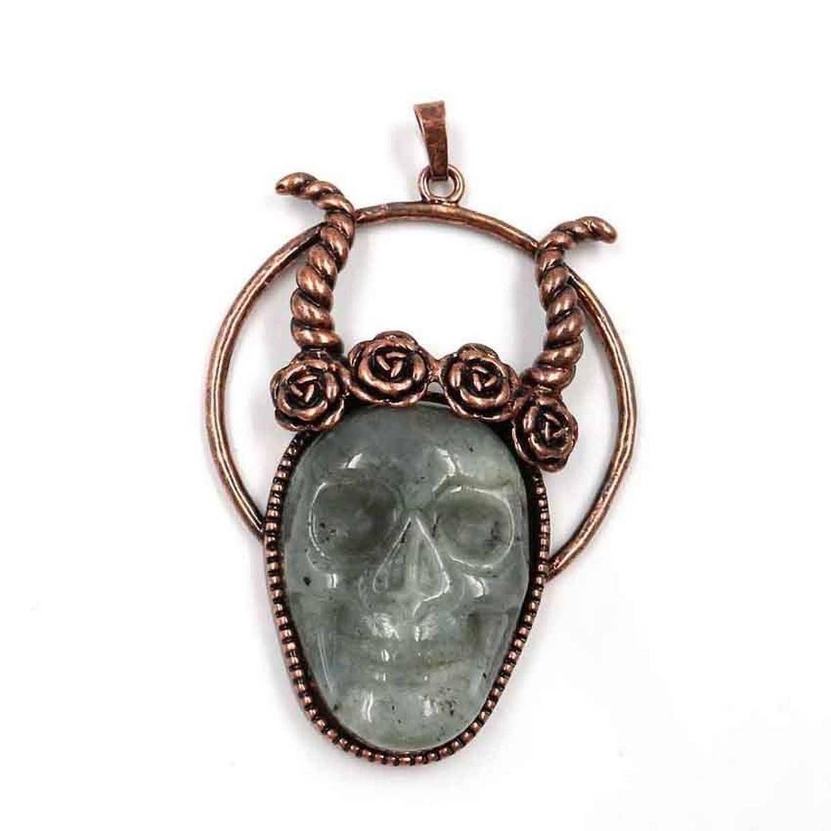 New Retro Natural Labradorite Stone Bronze Skull Head Skeleton Evil Pendant for Women Men Necklace Cool Fashion Jewelry