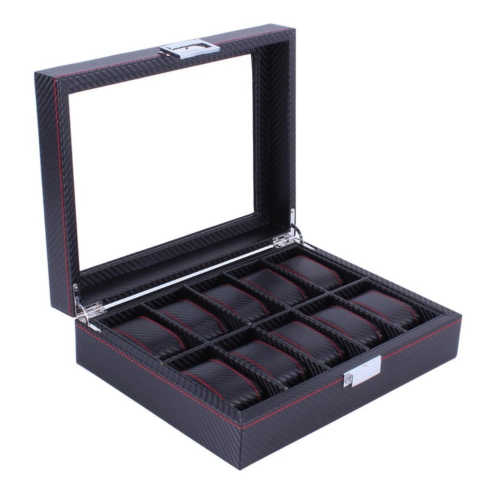 Modern Design 10 Grids Wooden Watch Box Carbon Fibre Pattern Watch Storage Box