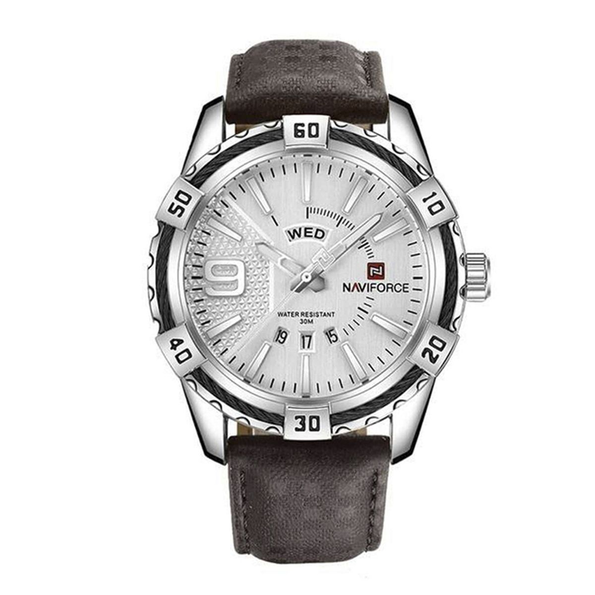 Naviforce NF9117 - Coffee PU Leather Analog Watch for Men - Silver & Coffee