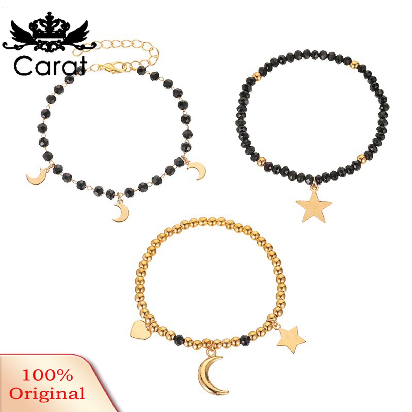 3Pcs/Set Women Handmade Moons Stars Heart Pendant Resin Black Beads Bracelets for Dating