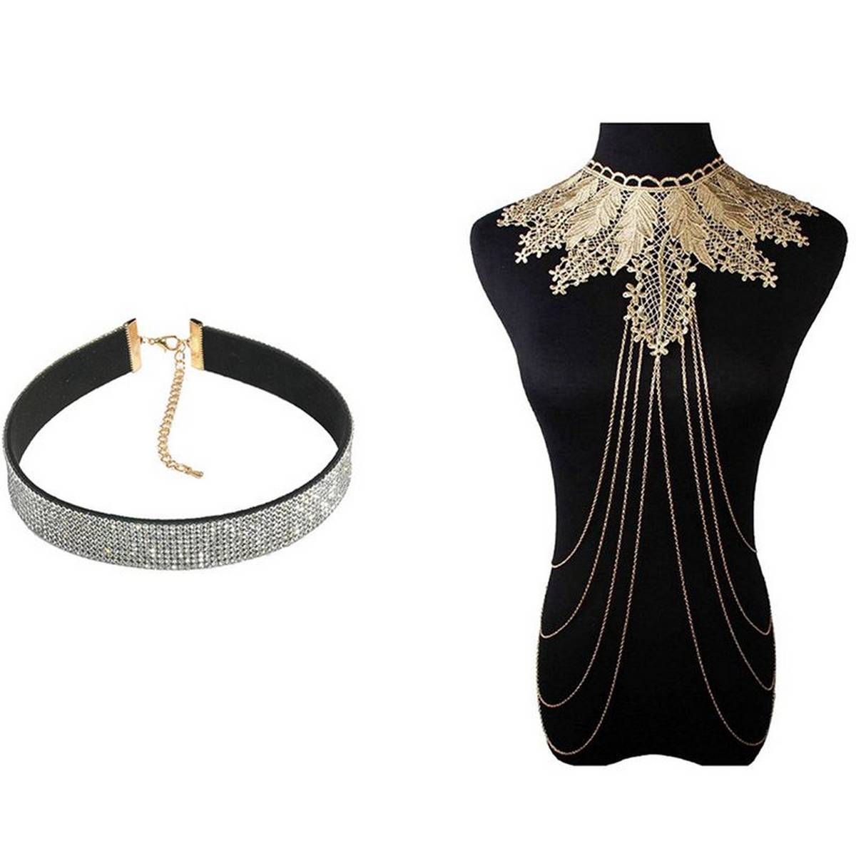2 Pcs Necklace: 1 Pcs Velvet Full Diamond Crystal Rhinestone Choker & 1 Pcs Lace Body Necklace aurum