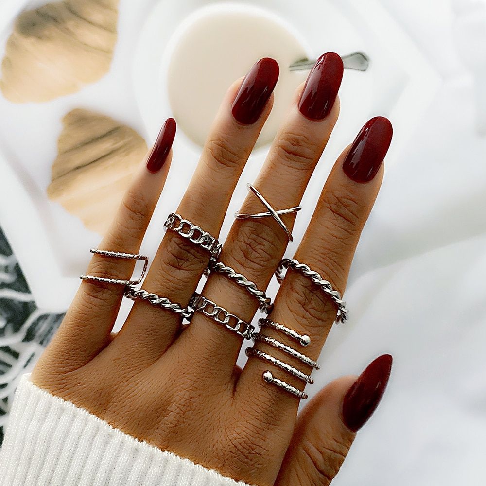 10Pcs/Set Fashion Punk Minimalist Midi Round Twist Ring Set for Women Bohemia Vintage Metal  Finger Rings Jewelry