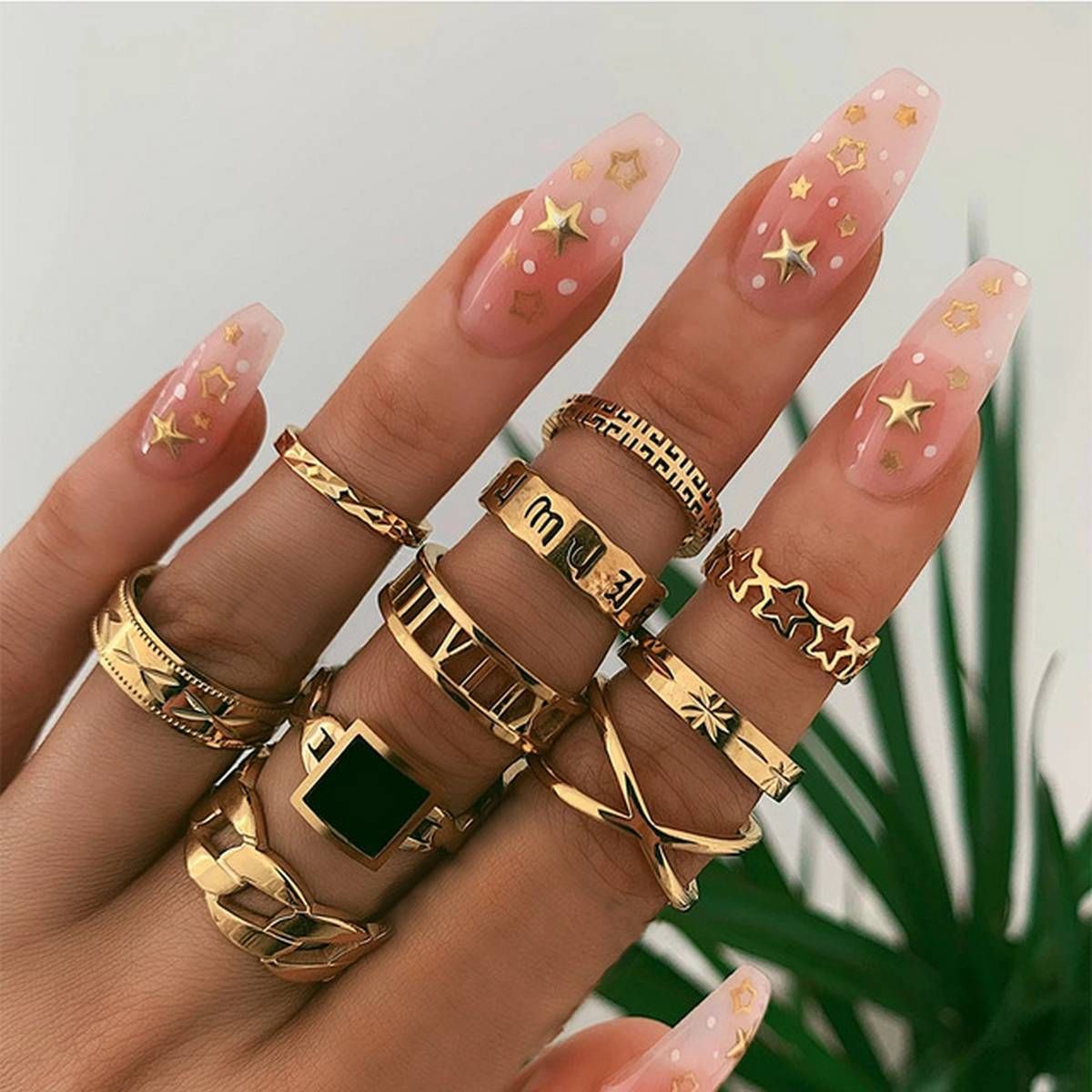 15pcs exaggerated personality punk style metal ring set black star ring geometric set knuckle ring female jewelry gift