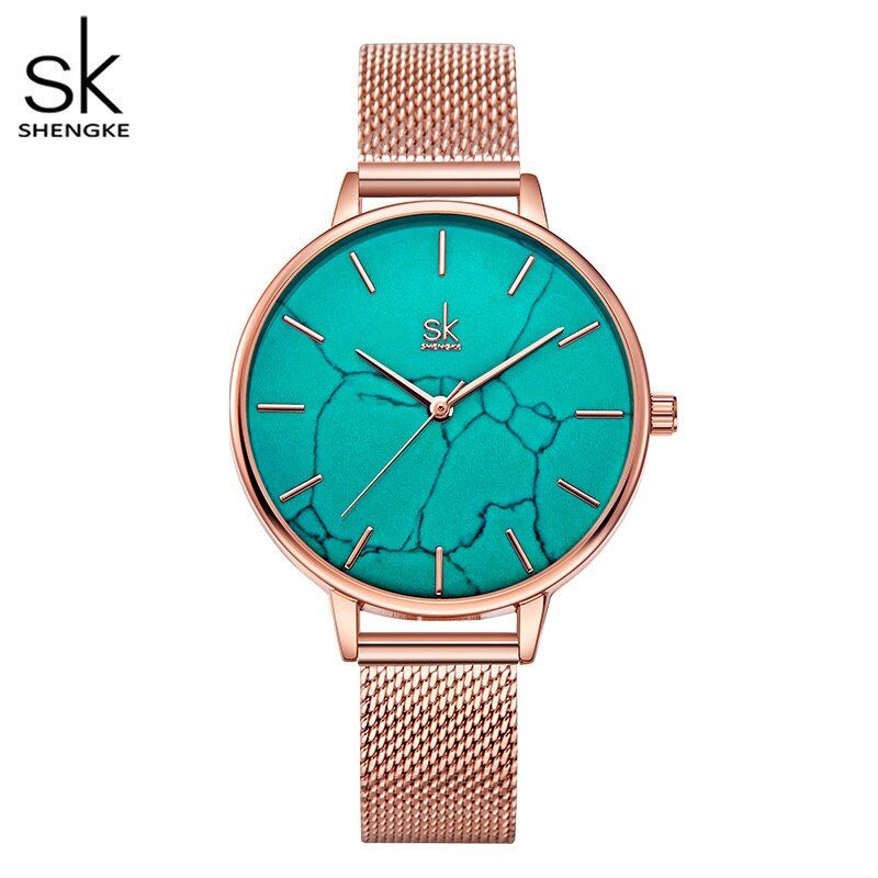 Shengke Emerald Dial Women Watch Rosegold Stainless Steel Band Watch Marble Sur Reloj Mujer   Brand Watch forGirl