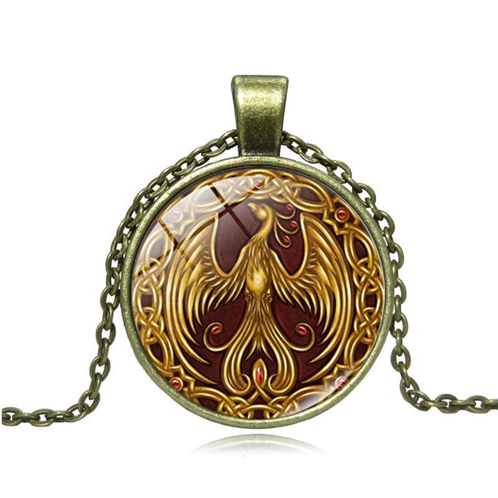 Phoenix Pattern Pendant Cabochon Vintage Jewelry Glass Necklace Chain Women Gift
