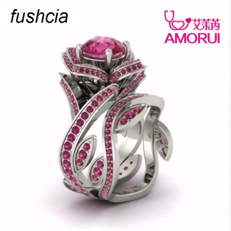 AMORUI  Fashion Silver Color Big Rose Flower Ring For Woman 12 Colors CZ Stone Wedding Rings Jewelry Gifts Dropshipping
