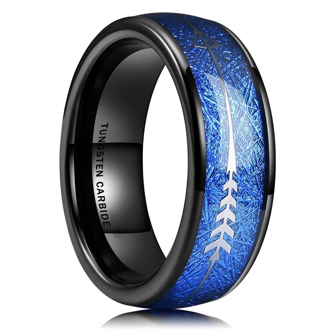 8mm Black Tungsten Carbide Stainless Steel Ring With Meteorite Wood Inlaid Arrow Wedding Ring Men's Boutique Jewellery