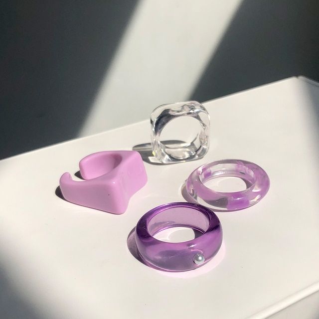 HUANZHI 2021 New Colourful Transparent Resin Acrylic Rhinestone Geometric Square Round Rings Set for Women Jewelry Travel Gifts