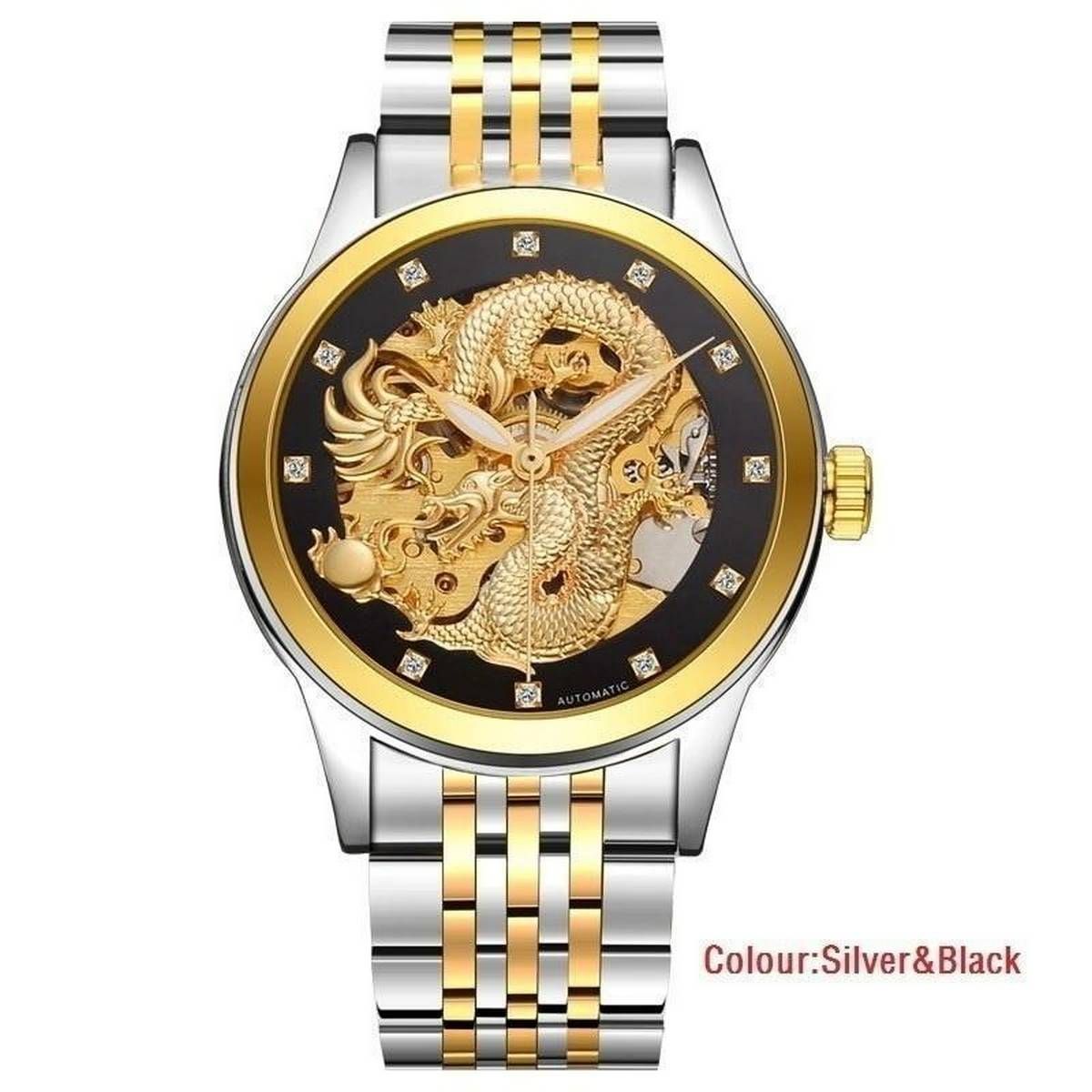 3D Carving Dragon Gold Skeleton Watch Diamond Men Stainless Steel Wristwatch
