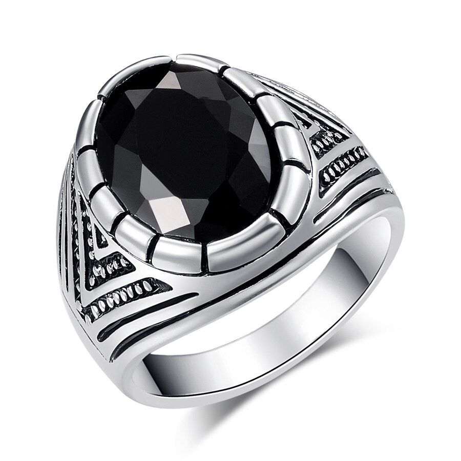 Kinel Punk Rock Black Stone Men Ring Antique Tibetan Silver Vintage Wedding Jewelry Wholesale