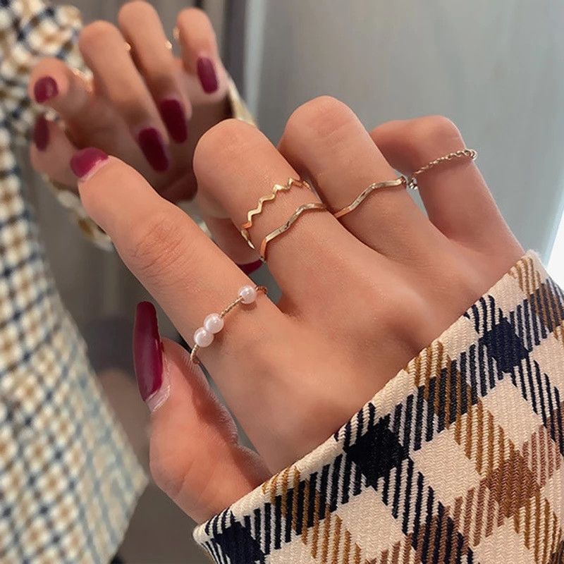 Ring Set Temperament Fashionable and Popular Women's Multi-layer Ring Twist Pearl Opening Beautiful Hand-tail Ring 5pcs Set - Ring