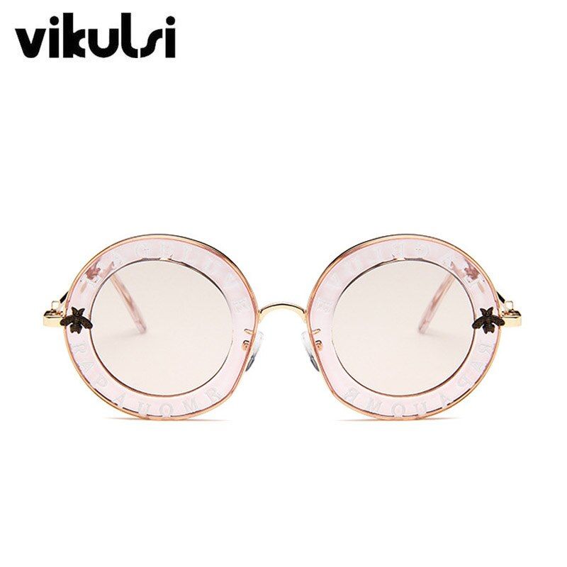 D320 tea teaSummer Little Bee Round Sunglasses For Women Metal Top Quality Black Letter Frame UV400 Sun Glasses Men 2018 Oculos De Sol