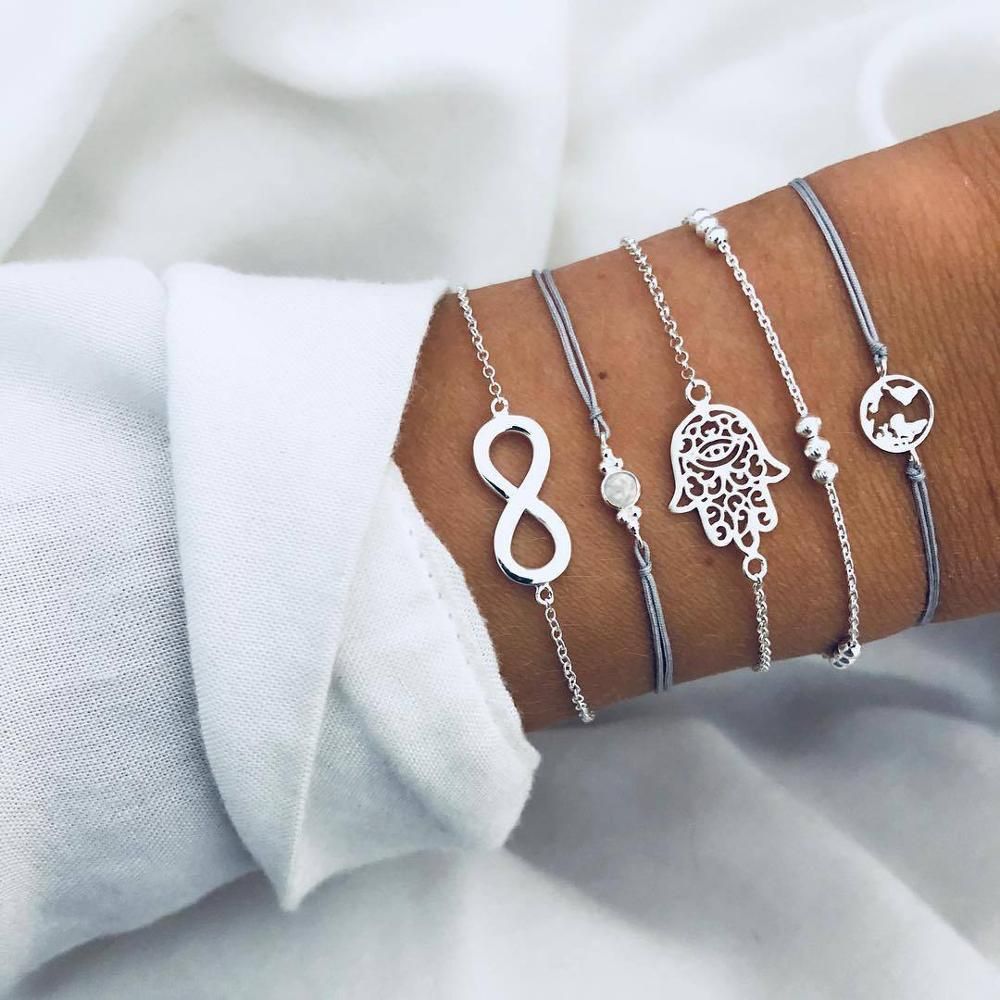 Modyle 6 Pcs/ Set Boho Bracelets Set Hollow Compass Shell Bead Round Gem Chain Leather Multilayer Charm Bracelet For Women