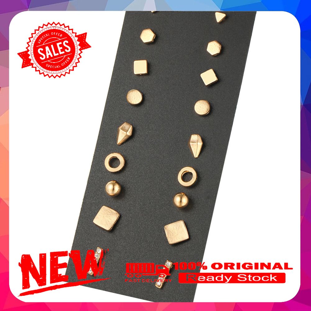 9 Pairs Women's Fashion Punk Square Triangle Round Geometric Stud Earrings Set