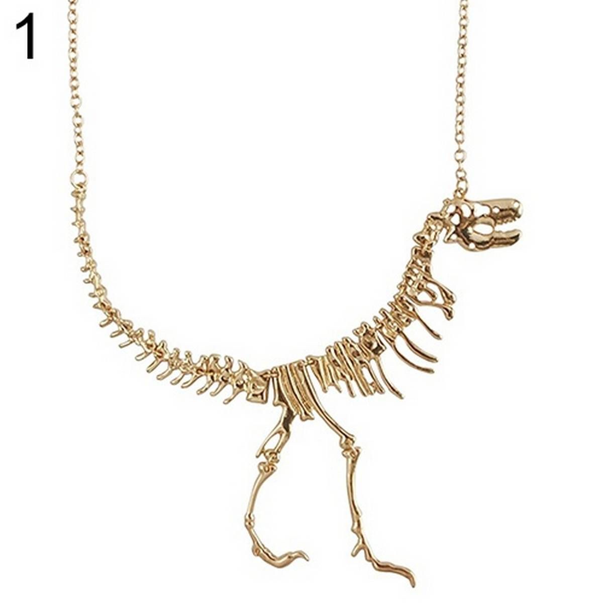 Men Women Unisex Punk Dinosaur Bone Drop Pendant Statement Alloy Chain Necklace