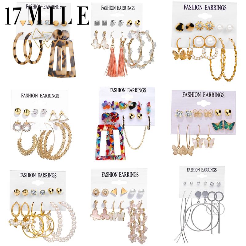 Korean Retro Geometric Pearl Earrings Set Fashion Bohemia Butterfly Hollow Drop Earring Women Jewelry Accessory Gift
