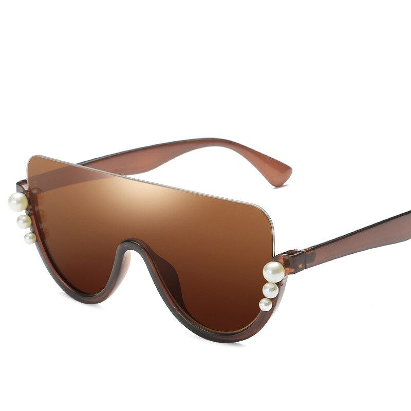 Brown TeaVintage Women Sunglasses Brand Designer One Lens Half Frame Mirror Female Shades Pearl Sun Glasses Oculos