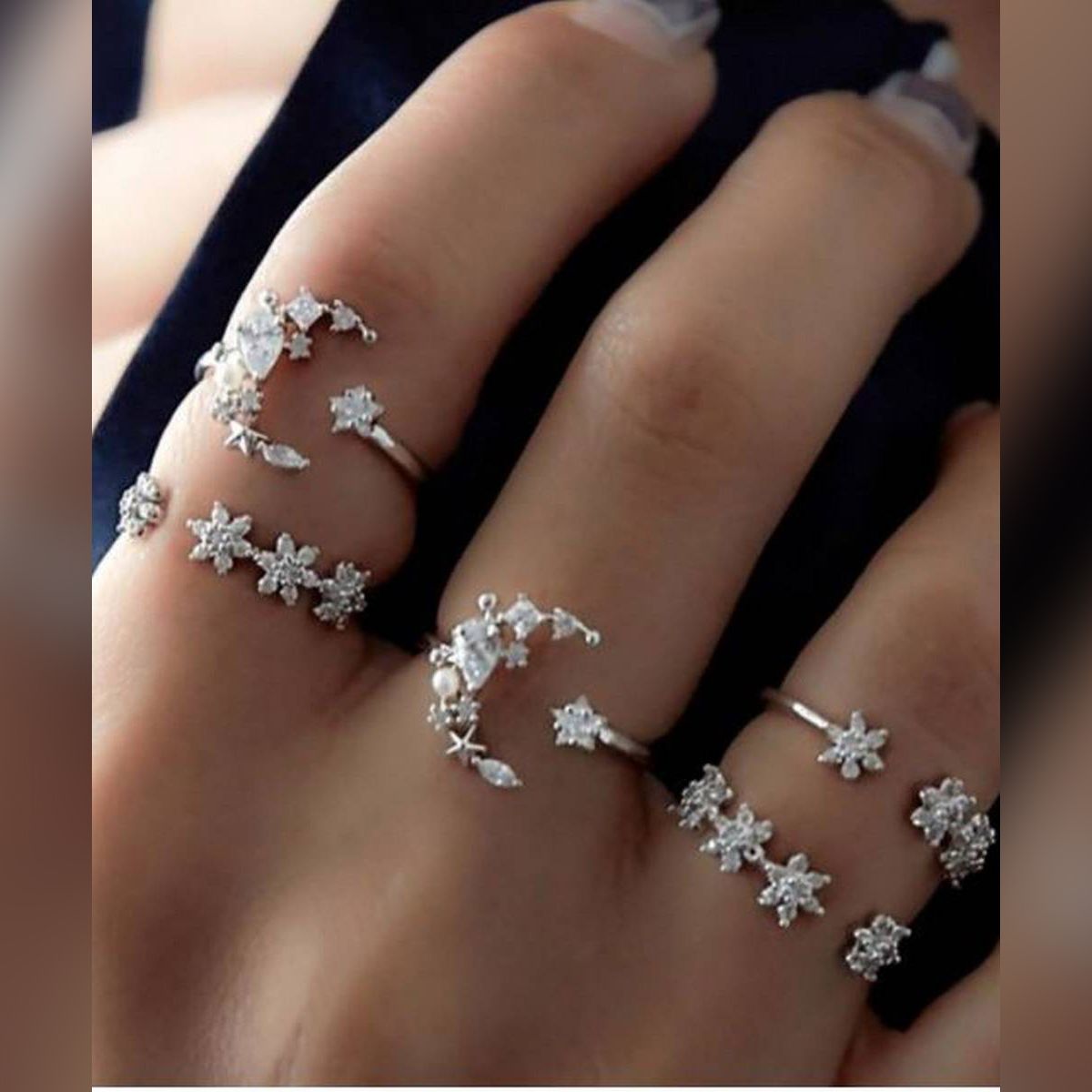 5PC Women Bohemian Silver Star Moon Wedding Lover Crystal Stack Rings Set