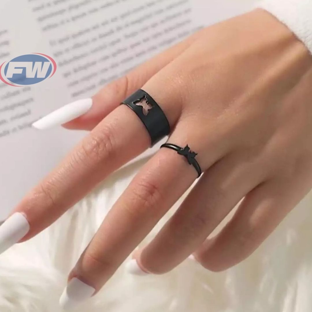SDEER 2pcs/set Simple Aolly Heart Moon shape Dolphin Open Rings Set Butterfly Couple Rings Bow Fashion Jewelry
