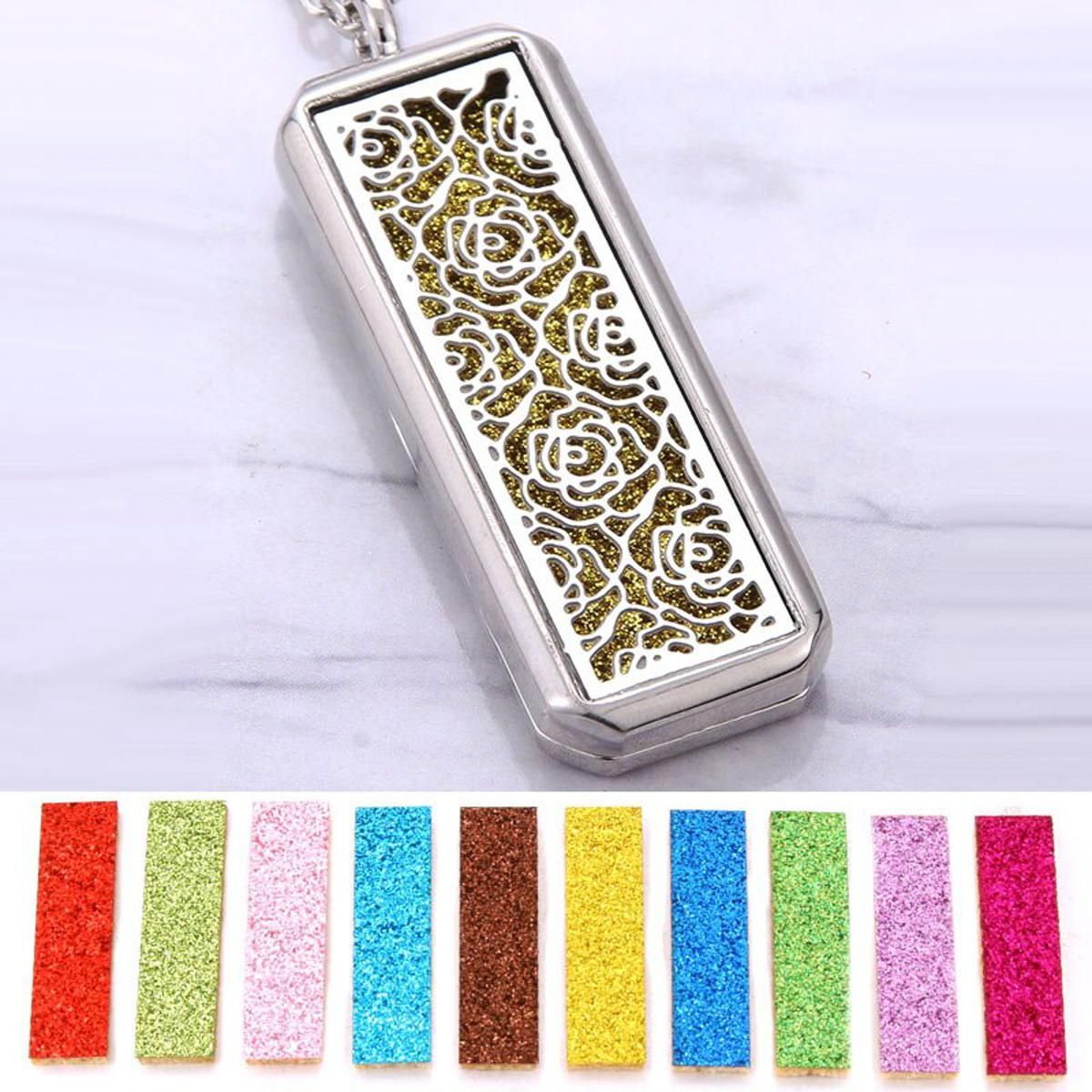 Aromatherapy Necklace Diffuser Jewelry Vintage Rectangle Flower Magnetic Essential Oil Diffuser Perfume Locket Pendant Necklace
