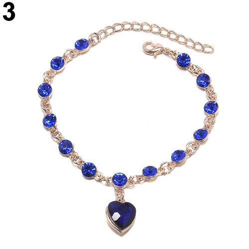 Women Fashion Shiny Rhinestone Love Heart Round Beads Charm Chain Bracelet Jewelry