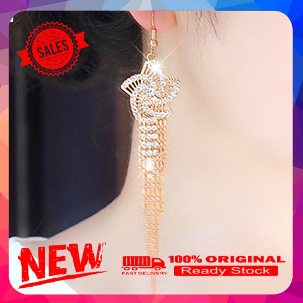 Women Rhinestone Alloy Flower Long Tassel Drop Hook Dangle Party Linear Earrings