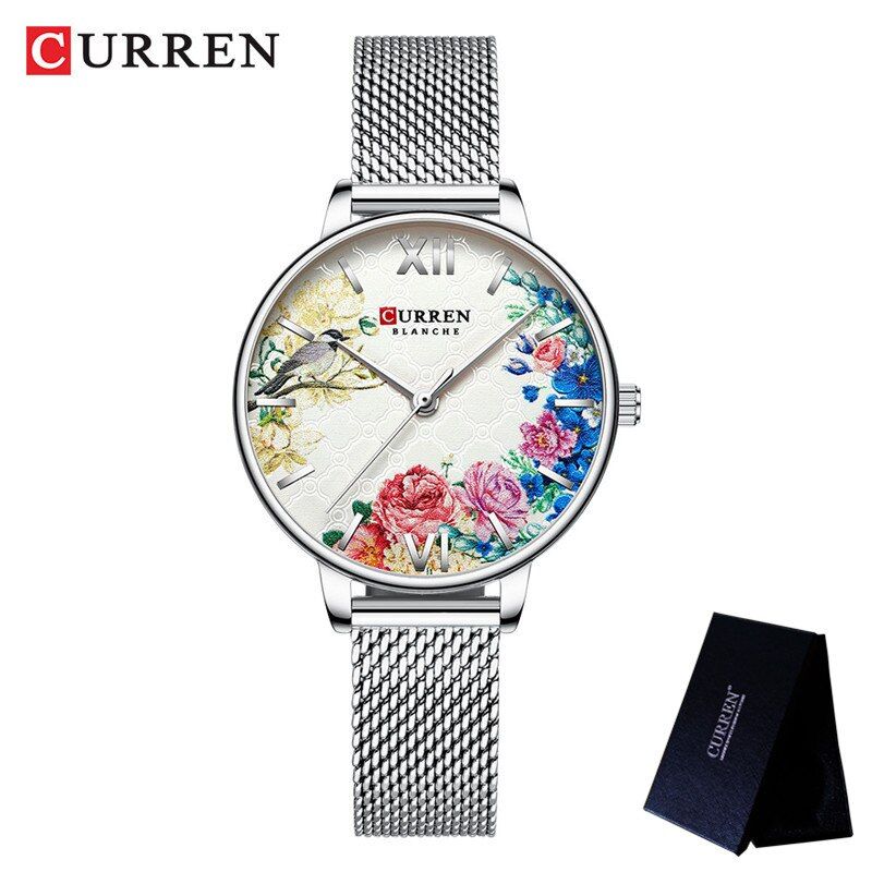 CURREN Women Watch Top Brand Luxury Black Female Waterproof Clock Mesh Stainless Steel Bracelet Flower Ladies Wristwatch 9059