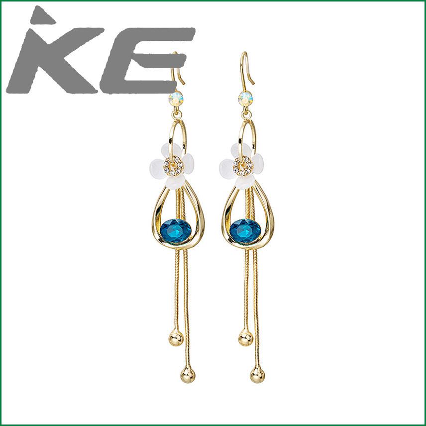 needle long tassel Korean version blue crystal geometric white flower earrings dignified and elegant temperament earrings for gilrs for women low price