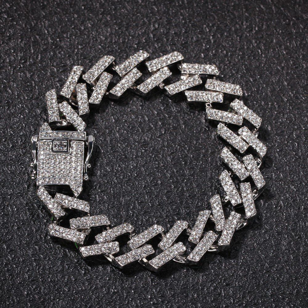 UWIN Fashion Mens Bracelet Full Iced Out Rhinestones 15mm Prong Cuban Link Bracelets Blue/black Multi-colored HIphop Jewelry