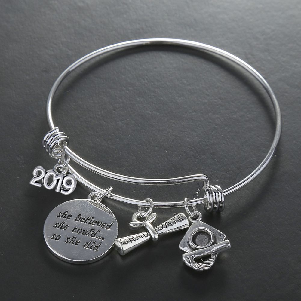 2019 Graduate Letter Carving Pendant Stainless Steel Women Bracelet Bangle Gift