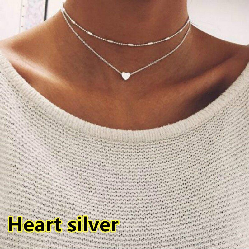 Simple Heart two layers Choker Necklaces For Women Multi Layers Beads Chocker collar ras du cou collier femme Minimalist jewelry