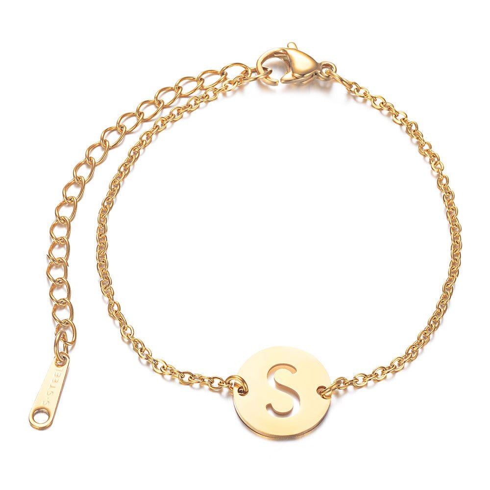 Stainless Steel Gold Color A-Z Initial Letter Charm Bracelet for Women Jewelry