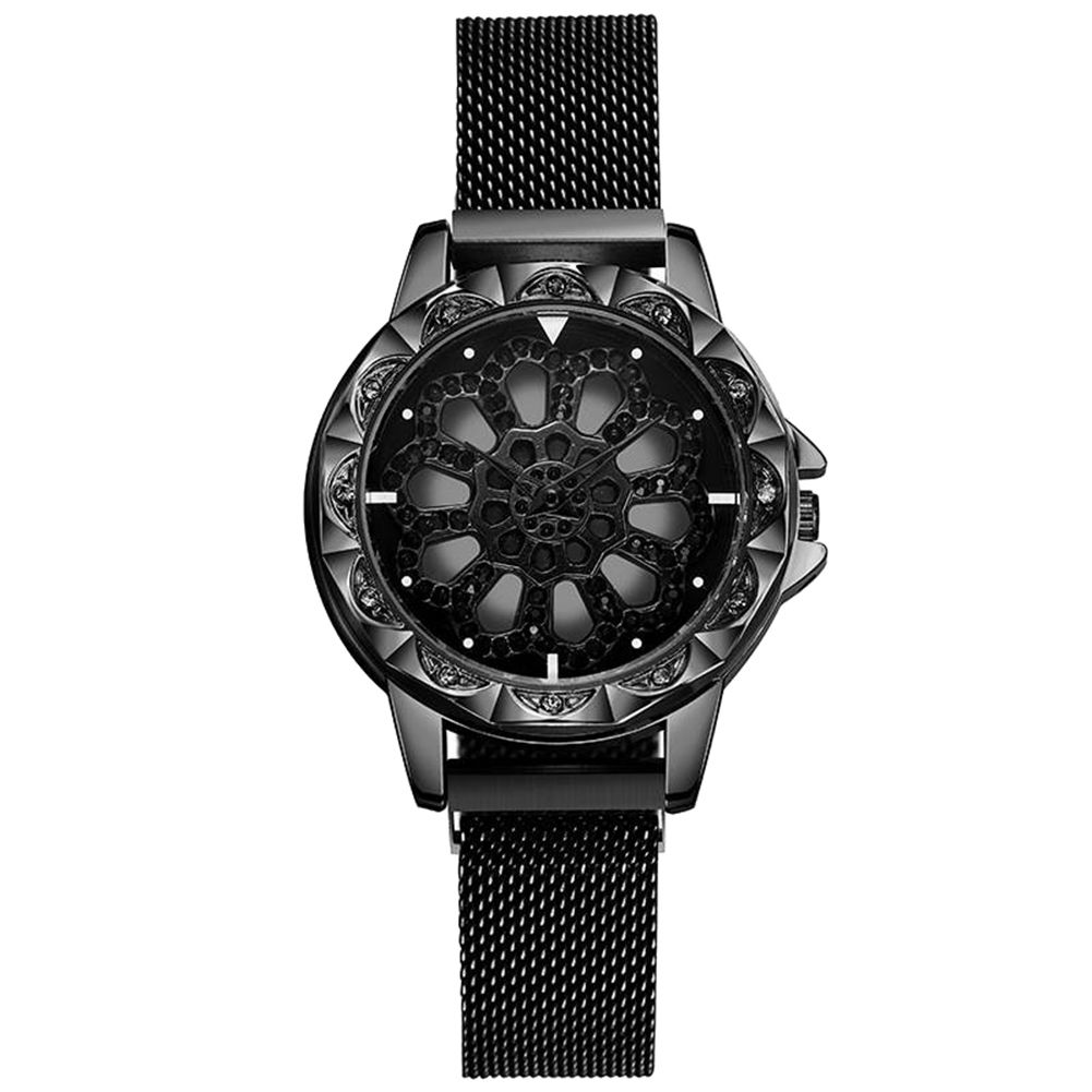 360 Degree Rotatable Hollow Out Flower Rhinestone Magnet Quartz Wrist Watch Gift