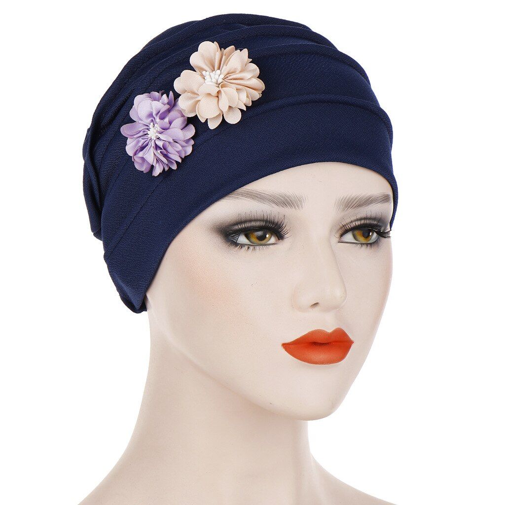 Women Muslim Flower Turban Hat Elastic Summer Baggy Beanie Casual Wrap Cap Pleated Bonnet Skullies Chemo Cap Hair Loss Casual