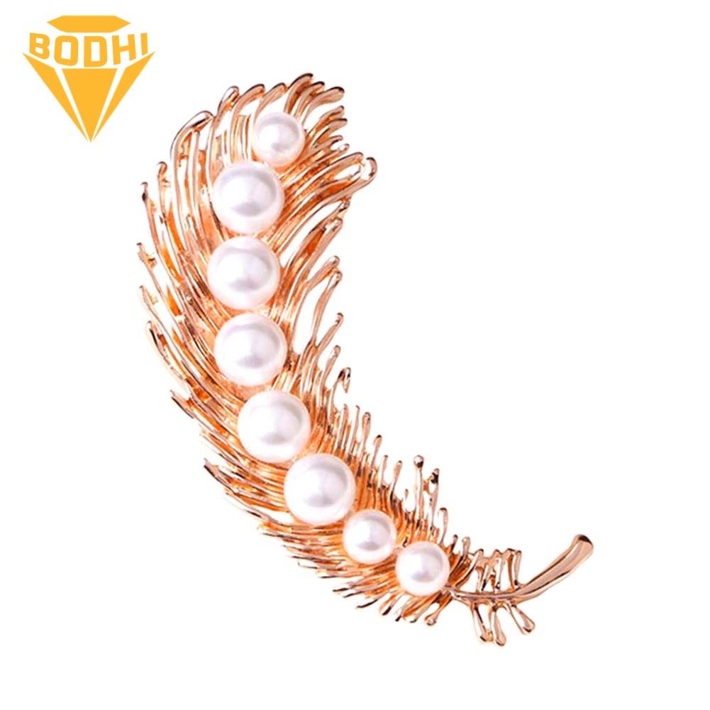 Elegant Women Faux Pearl Inlaid Feather Shape Brooch Pin Corsage Scarf Accessory