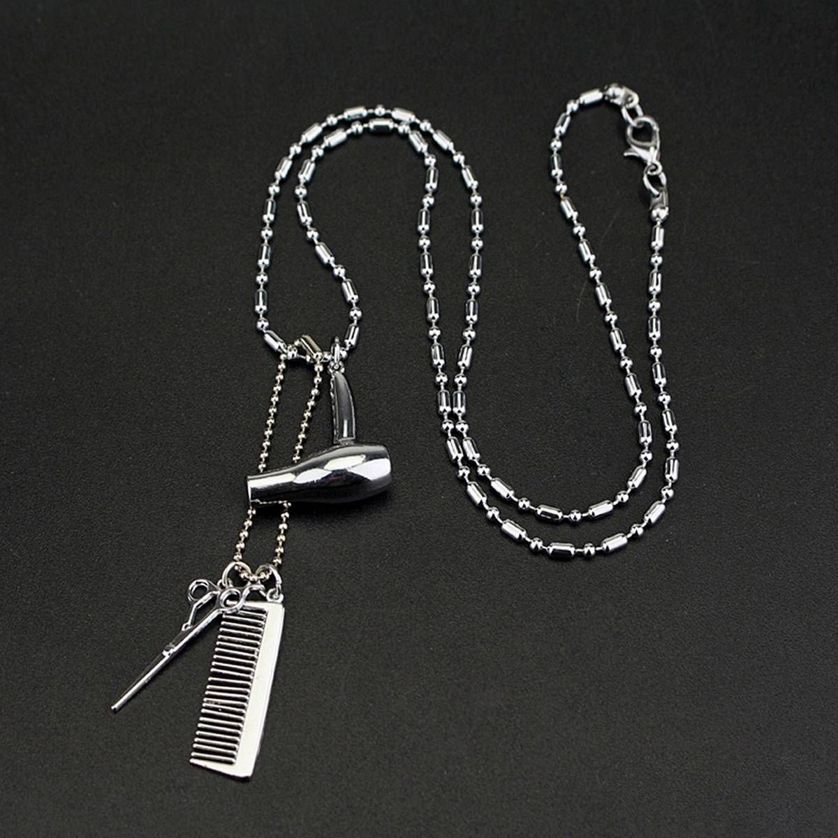 Unisex Hair Dryer Scissors Comb Pendant Chain Necklace Barber Kit Hairdresser Gift