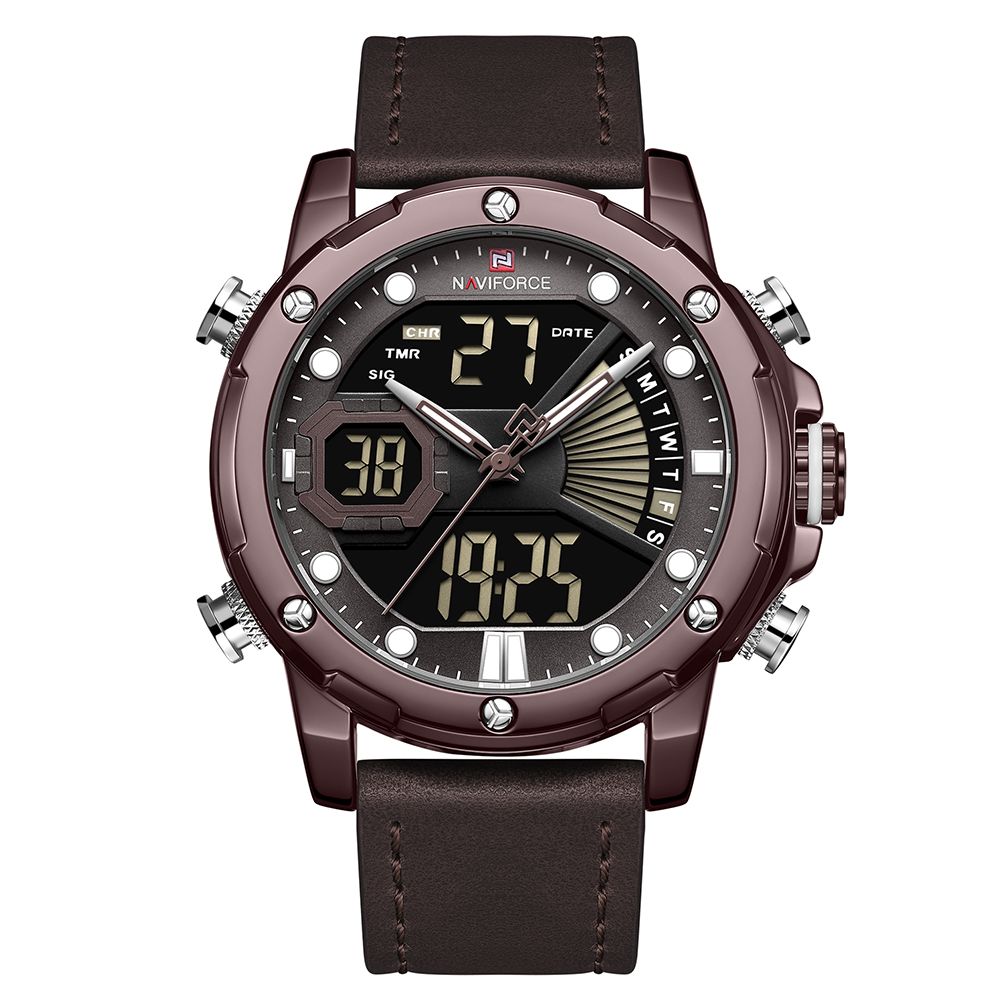 Men Waistwatch Electronic Quartz Movement Sports Watch Stainless Steel Pin Buckle Leather Strap Zinc Alloy Case 30m Waterproof