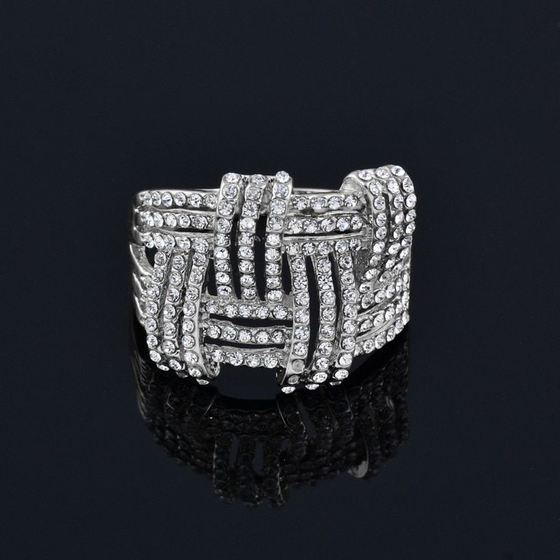 SINLEERY Big Hollow Weave Shaped Micro Pave Crystal Rings for Women Silver Color Statement Jewelry Anillo Anel JZ054 SSC