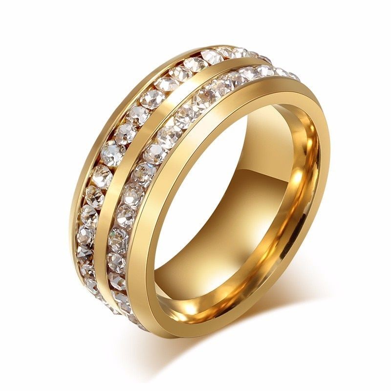Vnox 8mm Black Dual Row Crystal Wedding Rings for Women Men Stainless Steel Bling Rings Lover Promise Bands