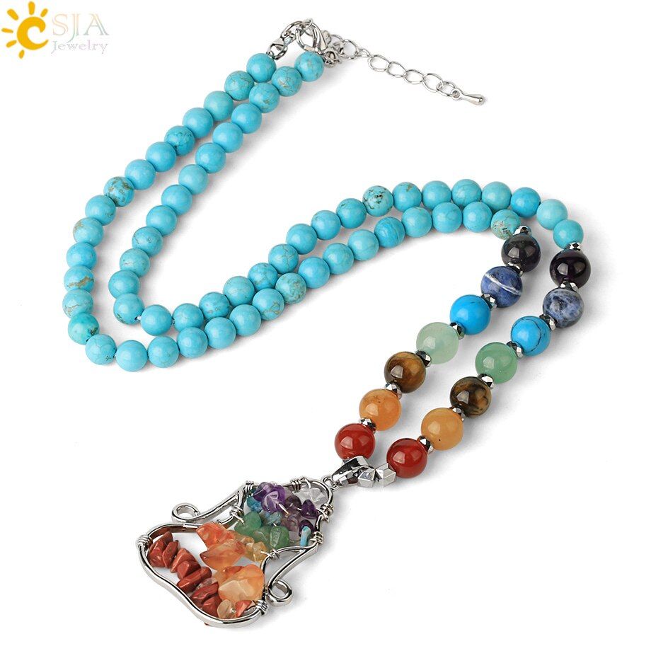 CSJA Natural Stone 7 Chakra Pendant Necklace Reiki Yoga Bead Healing Crystal Meditation Women Necklaces Lobster Clasp Chain G372
