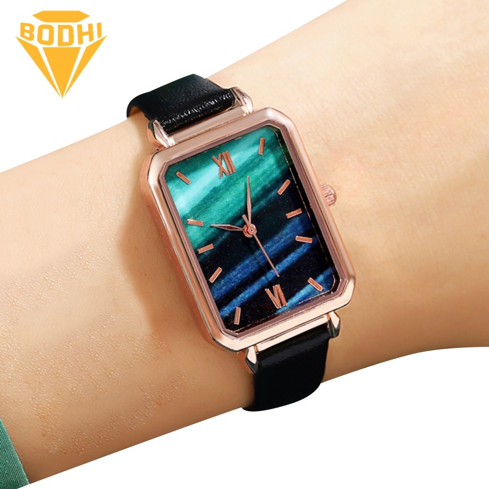 BODHI Women Lady Simple Green Square Indicator Analog Dial Wrist Watch with Bracelet