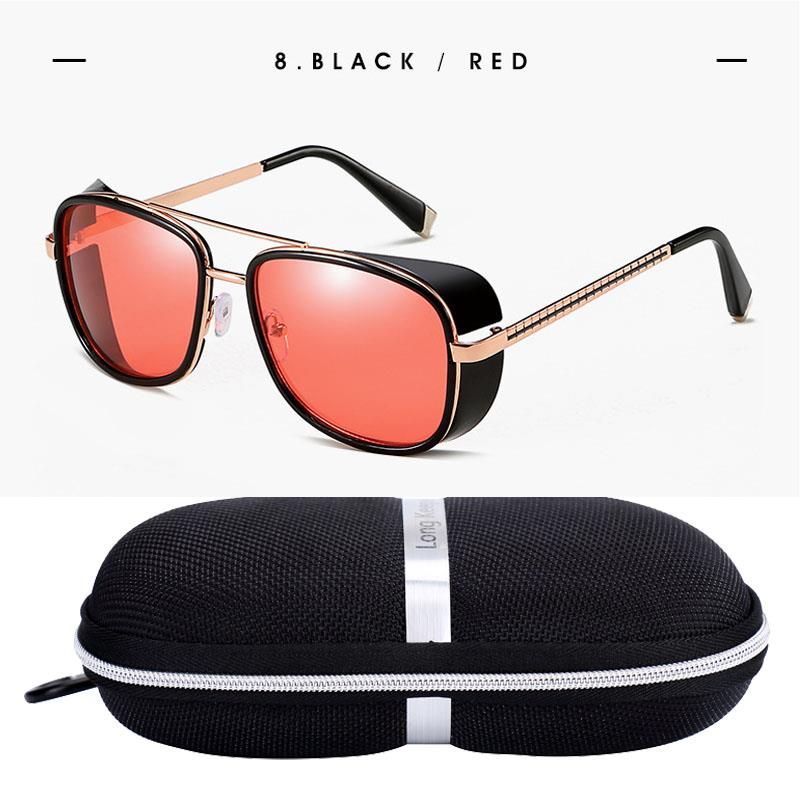 C8 black redLongKeeper Iron Man TONY Stark Sunglasses Men Retro Side Shiled Sun glasses Oculos Masculino Gafas de sol with Case Box UV400